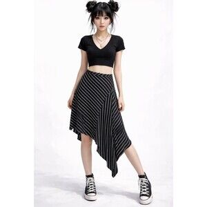 Y2K Joe Benbasset Aline Asymmetrical Striped Midi Skirt Raw Hem Grunge Goth SZ S